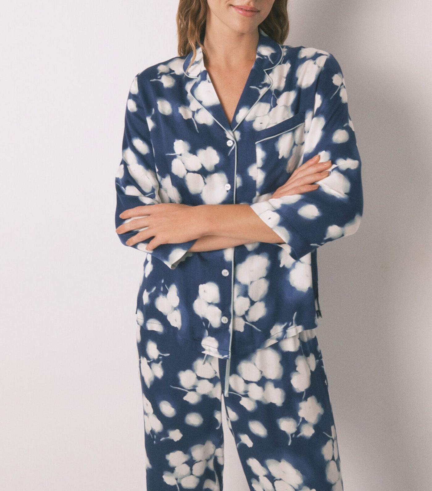 Long Floral Viscose Classic Pyjamas Blue