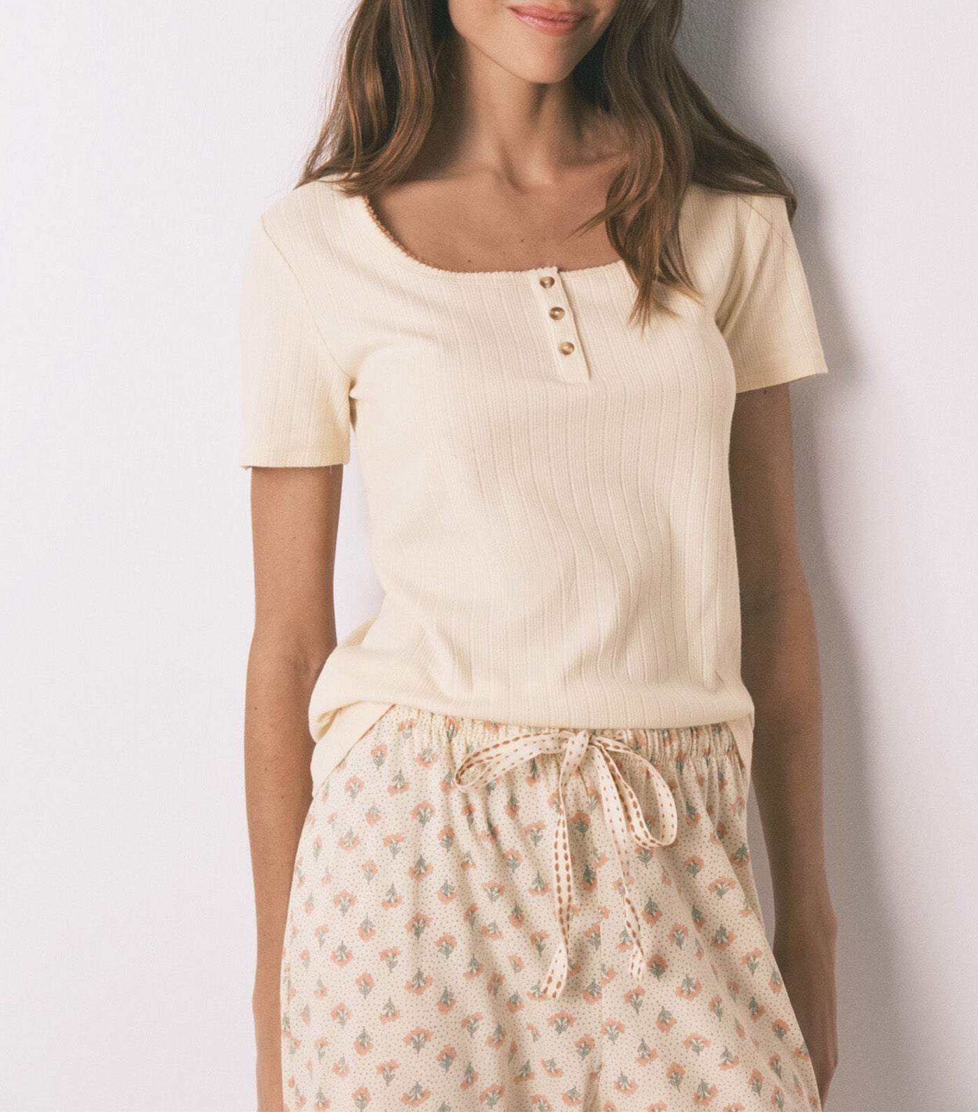 Cotton Floral Print Capri Pajamas Ivory