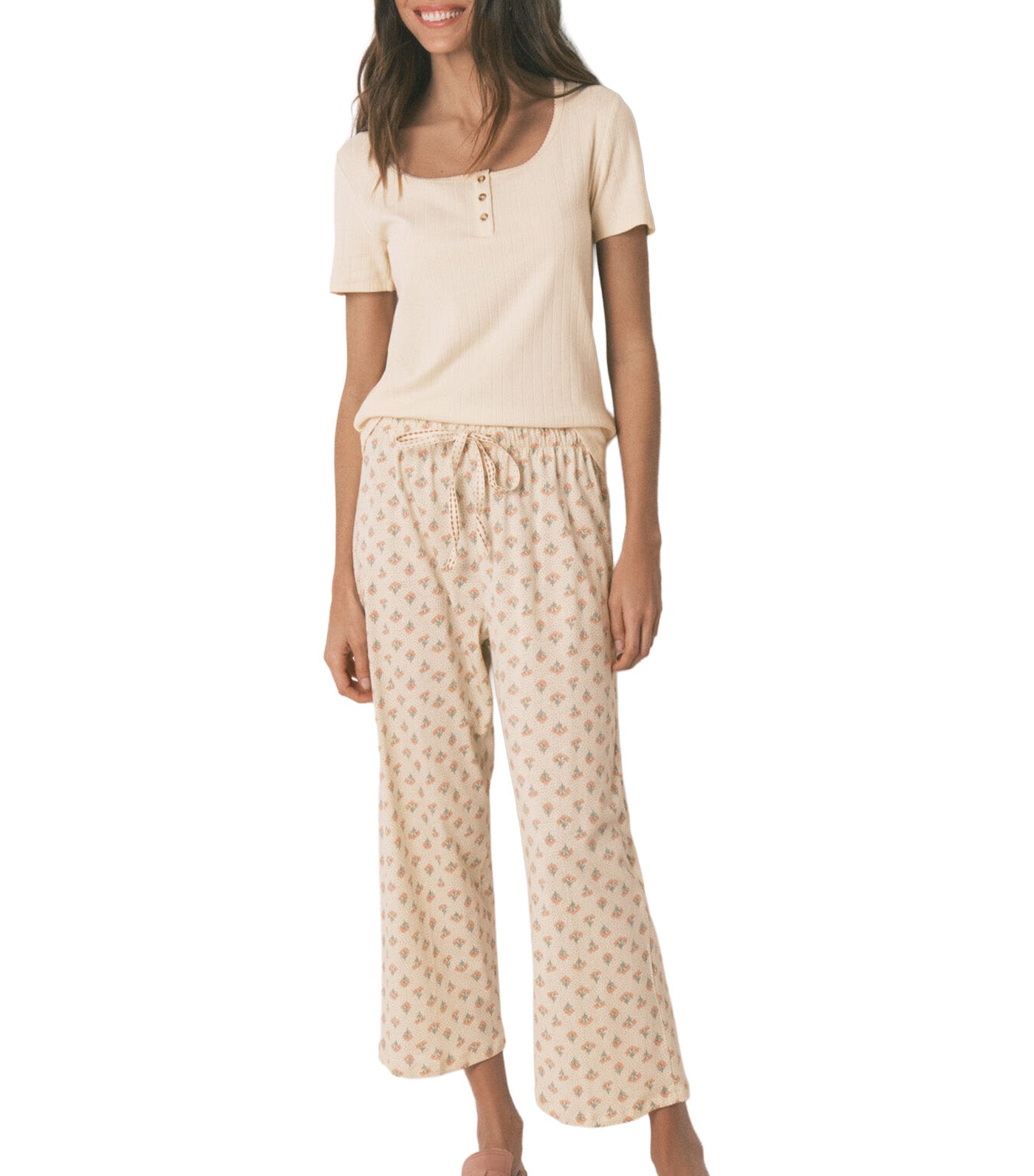 Cotton Floral Print Capri Pajamas Ivory