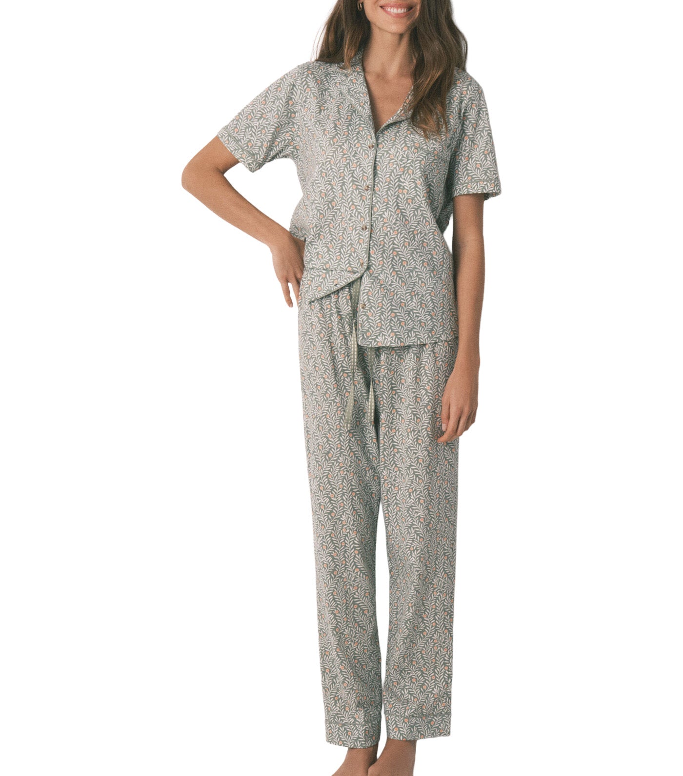 Cotton Floral Print Classic Pajamas Green