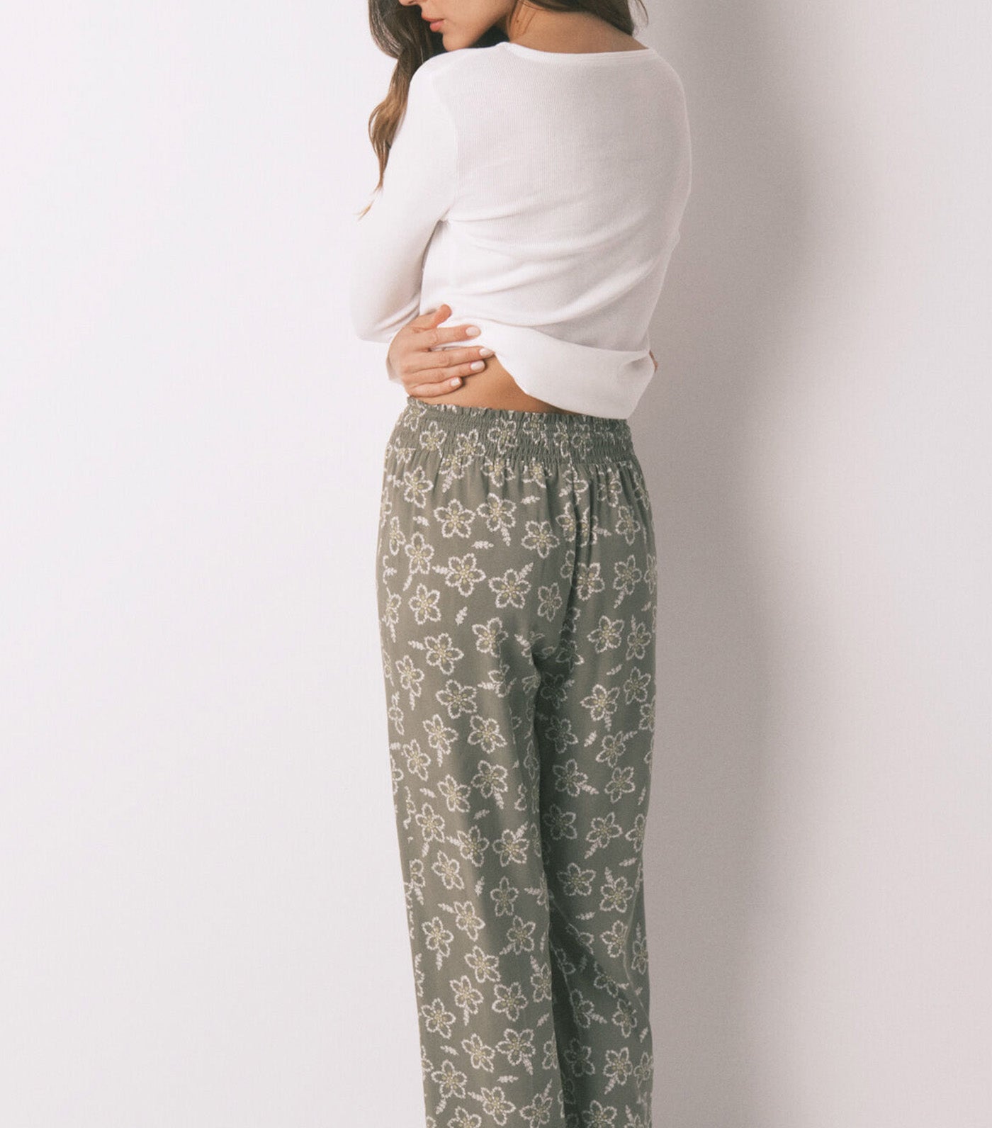 Long Viscose Trousers with Khaki Flowers