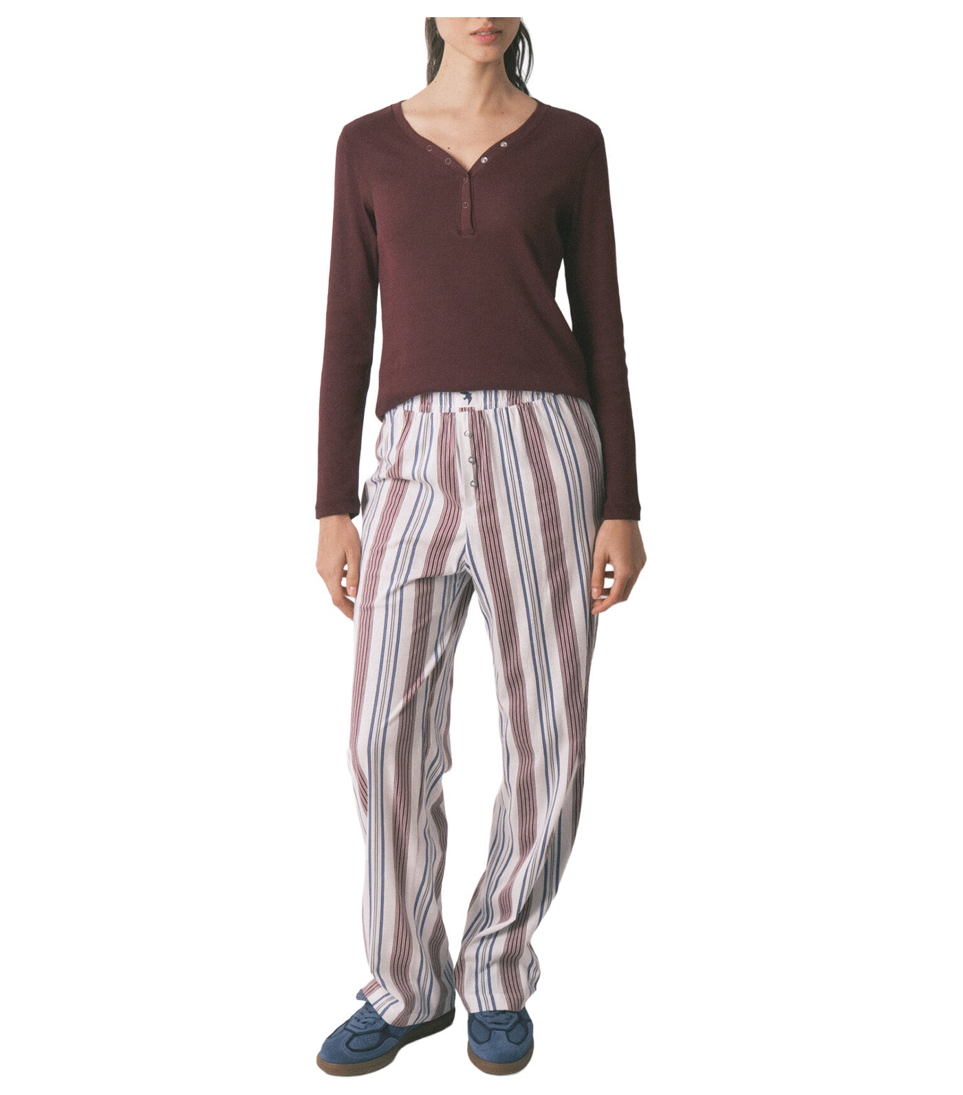 Cotton Striped Long Trousers Maroon