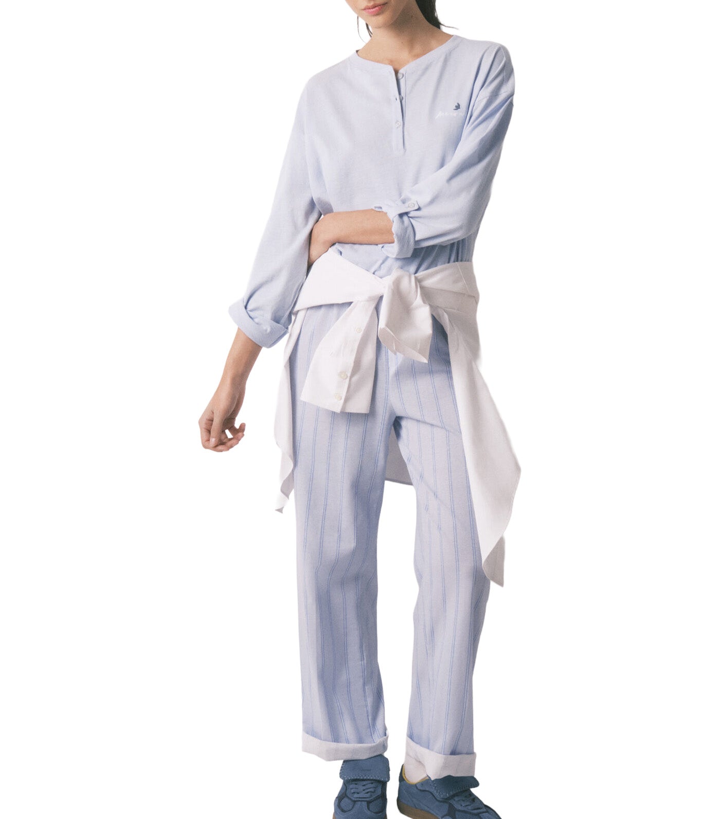 Striped Cotton Long Trousers Blue