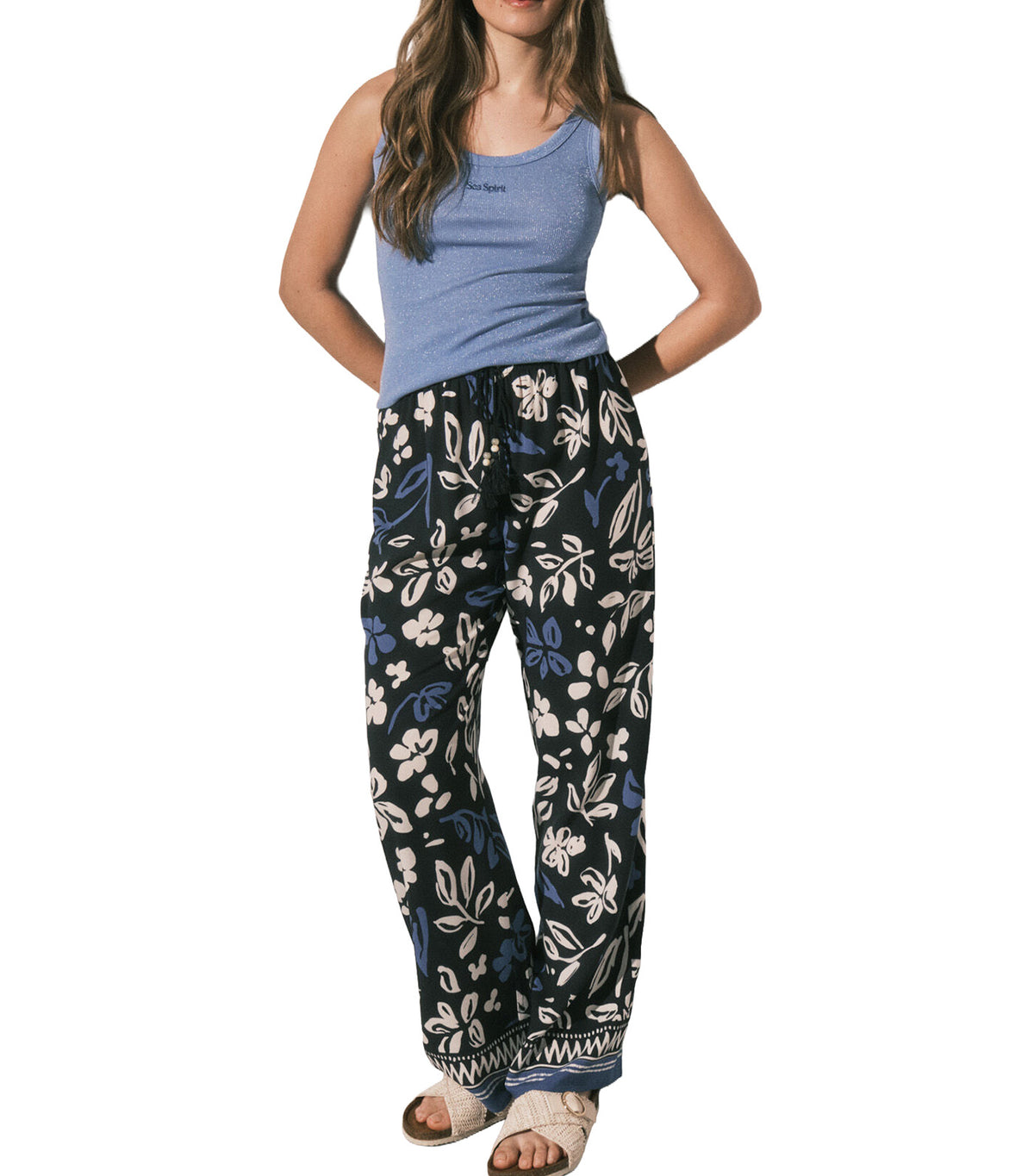 Floral Print Long Trousers Blue