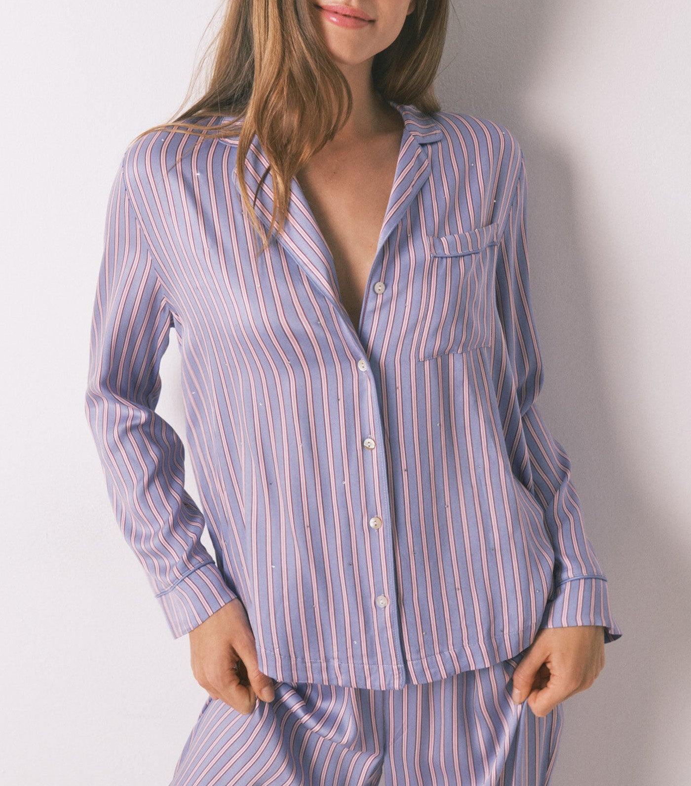 Long Satin Striped Print Shirt Pajamas Purple