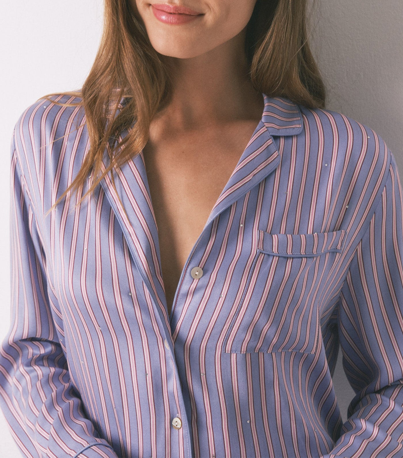 Long Satin Striped Print Shirt Pajamas Purple