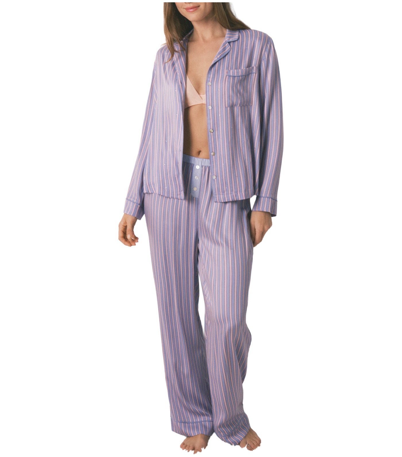 Long Satin Striped Print Shirt Pajamas Purple