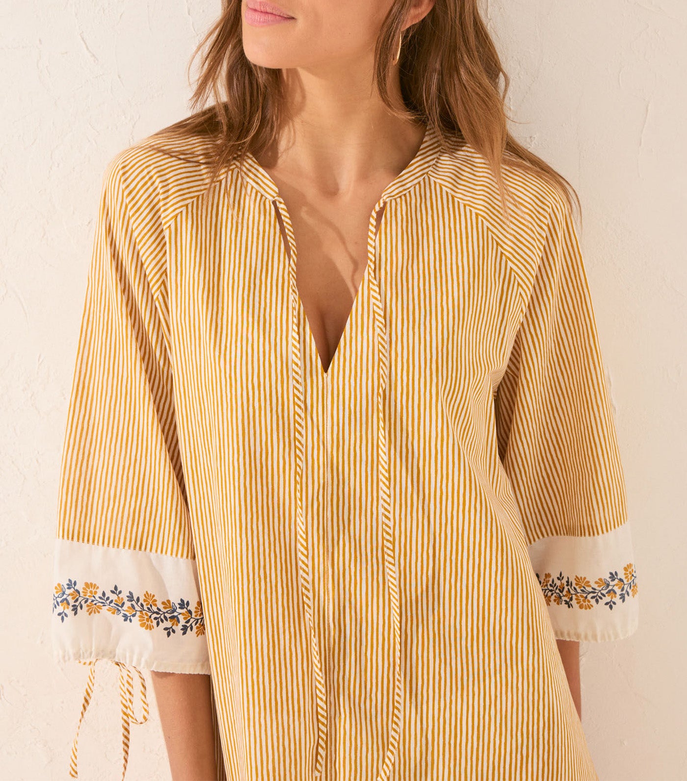Striped Cotton Midi Tunic with Border Yellow