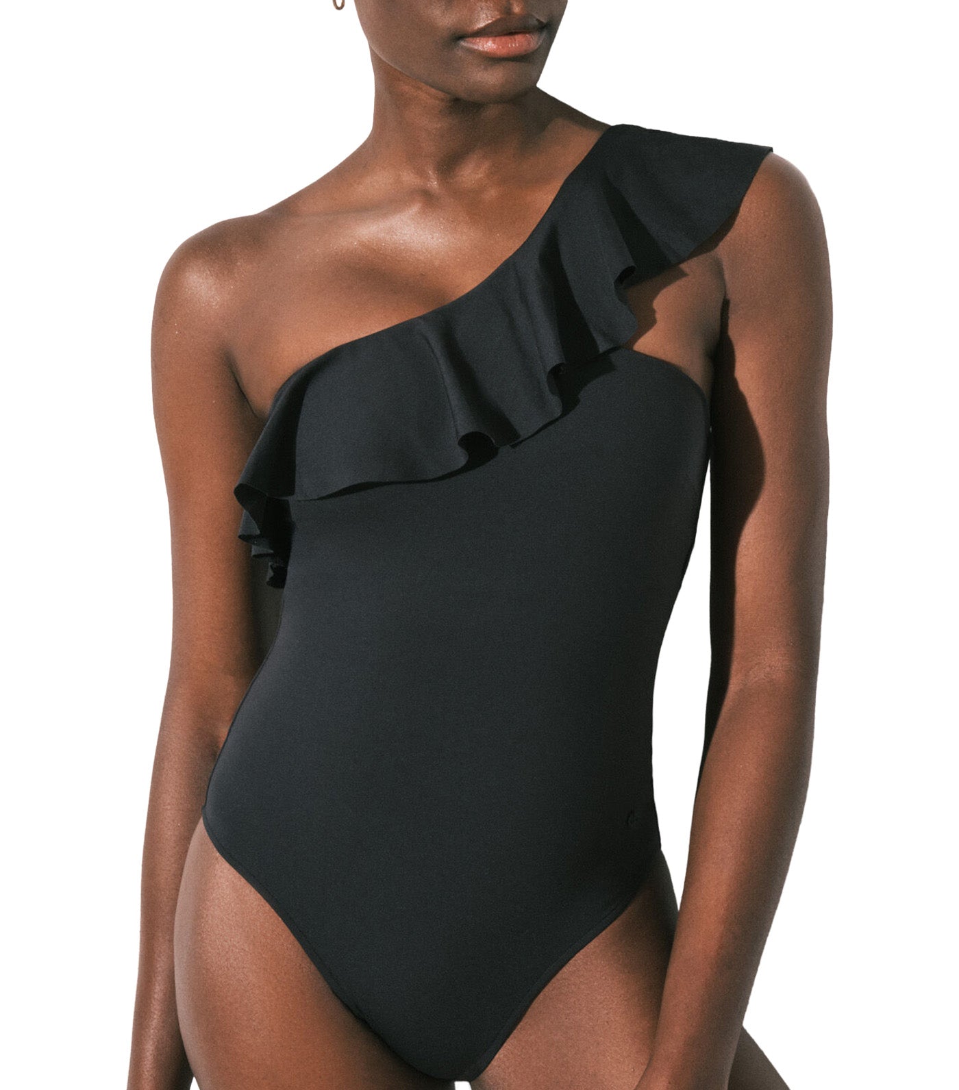 Asymmetric Ruffle Shaping Swimwear Black