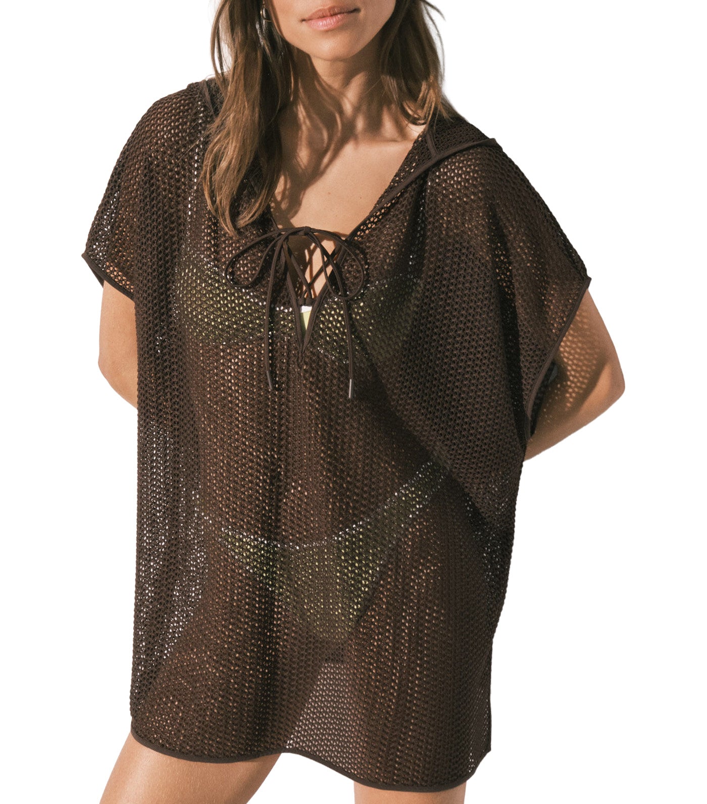 Short Knitted Tunic with Hood Brown