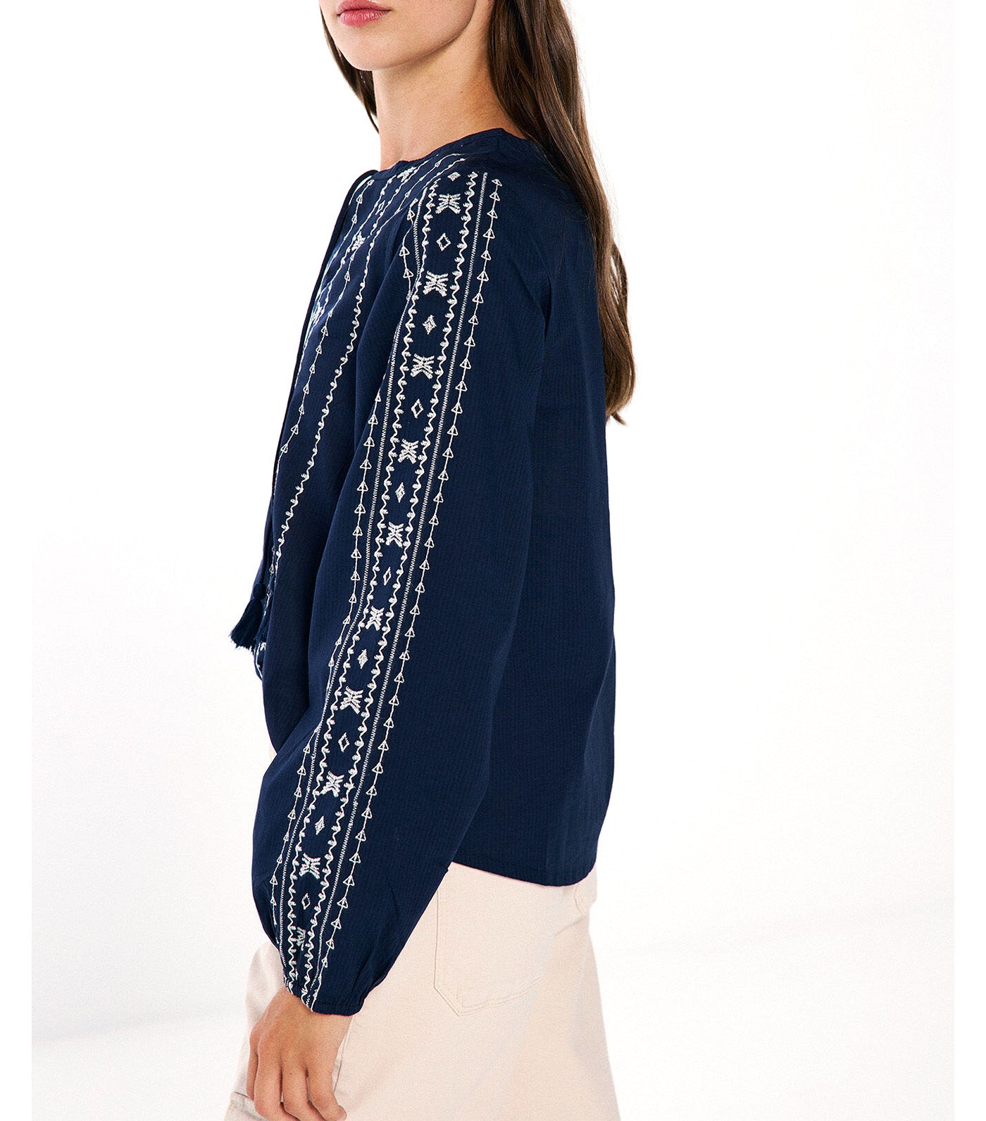 Boho Embroidered Borders Blouse Blue