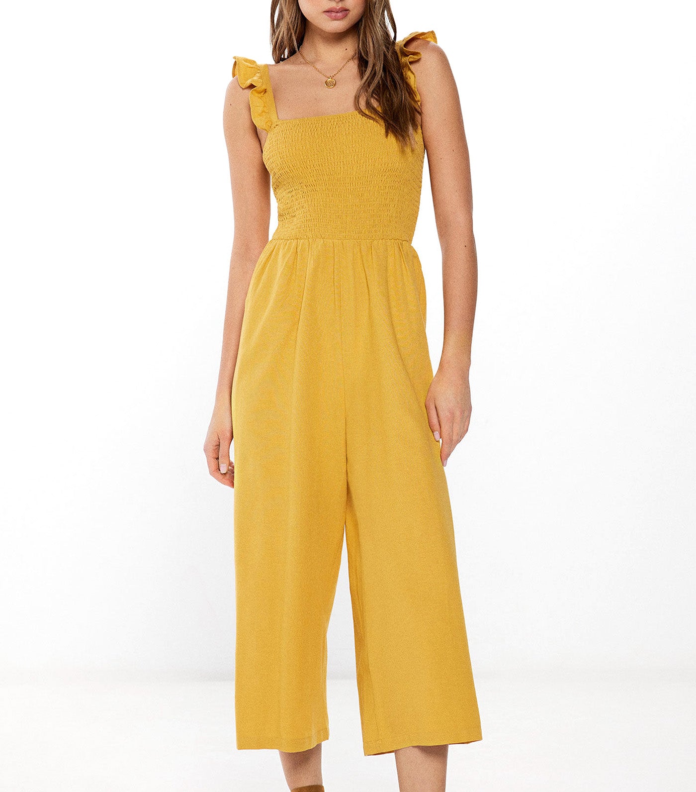 Linen Ruffled Straps Jumpsuit Yellow