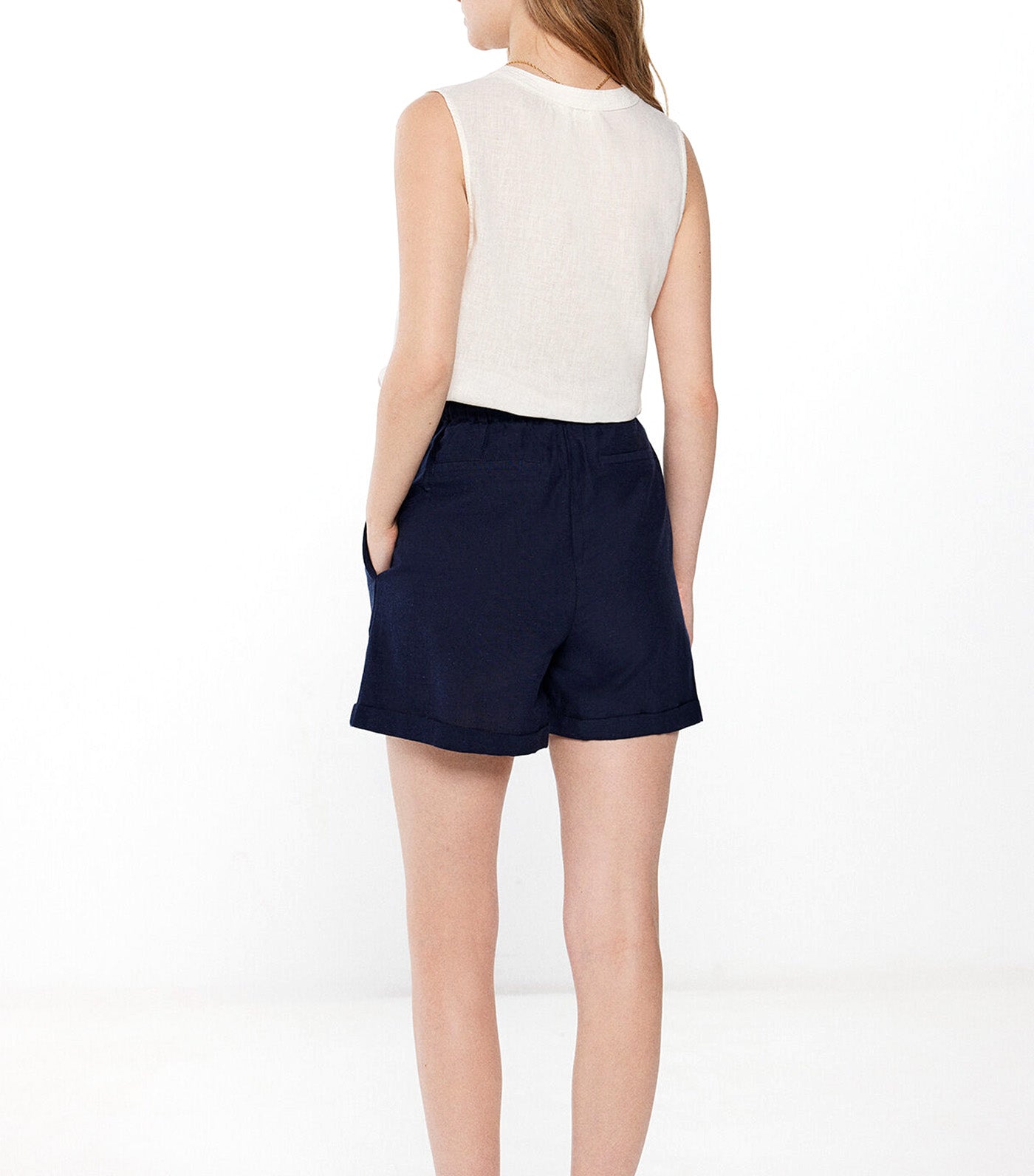 Linen Shorts Elastic Waist Navy