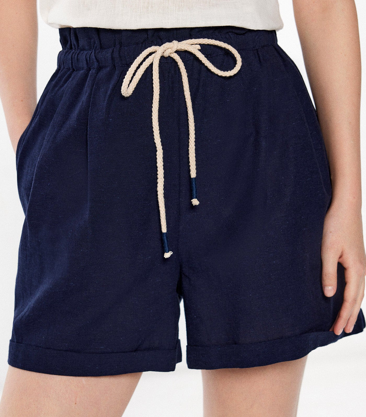 Linen Shorts Elastic Waist Navy