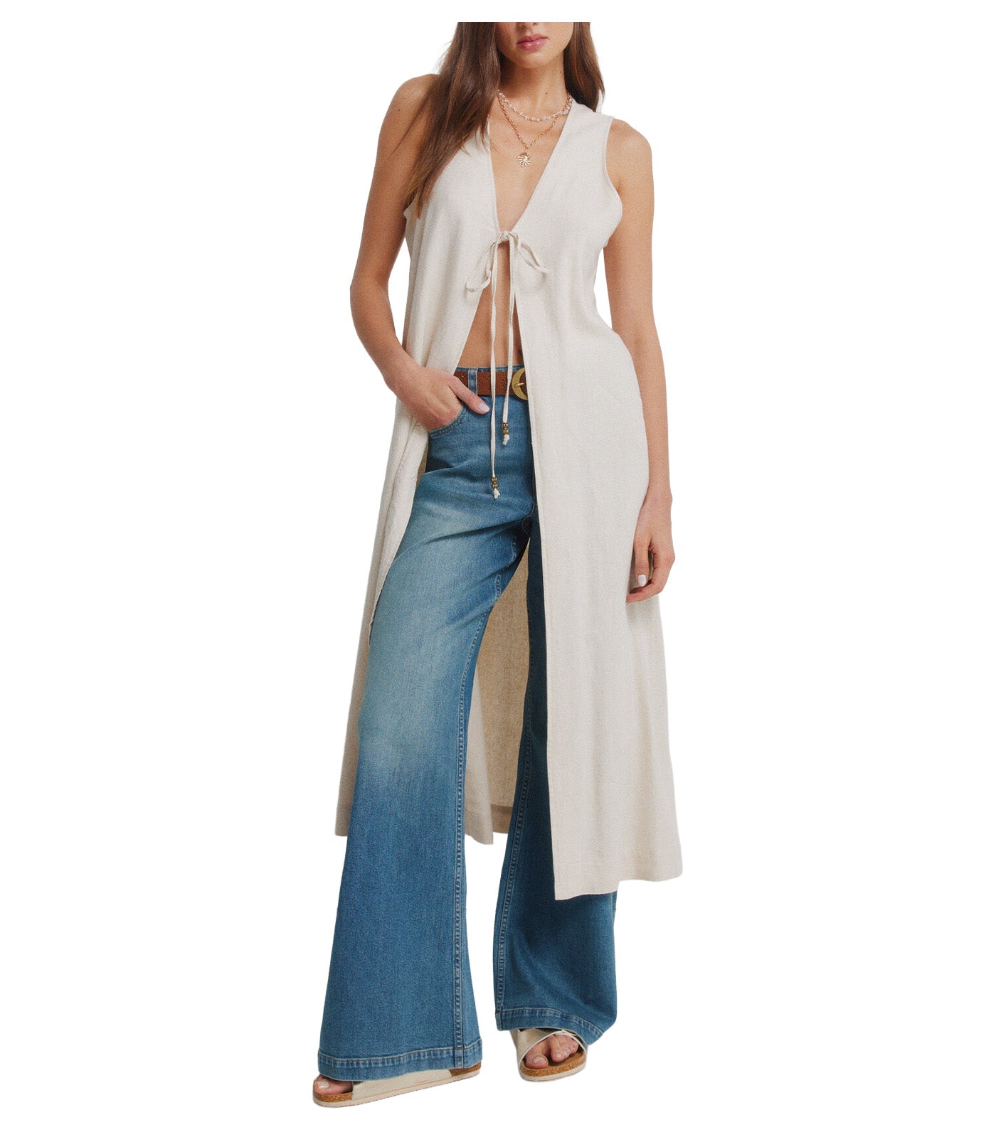 Linen Long Gilet Sand