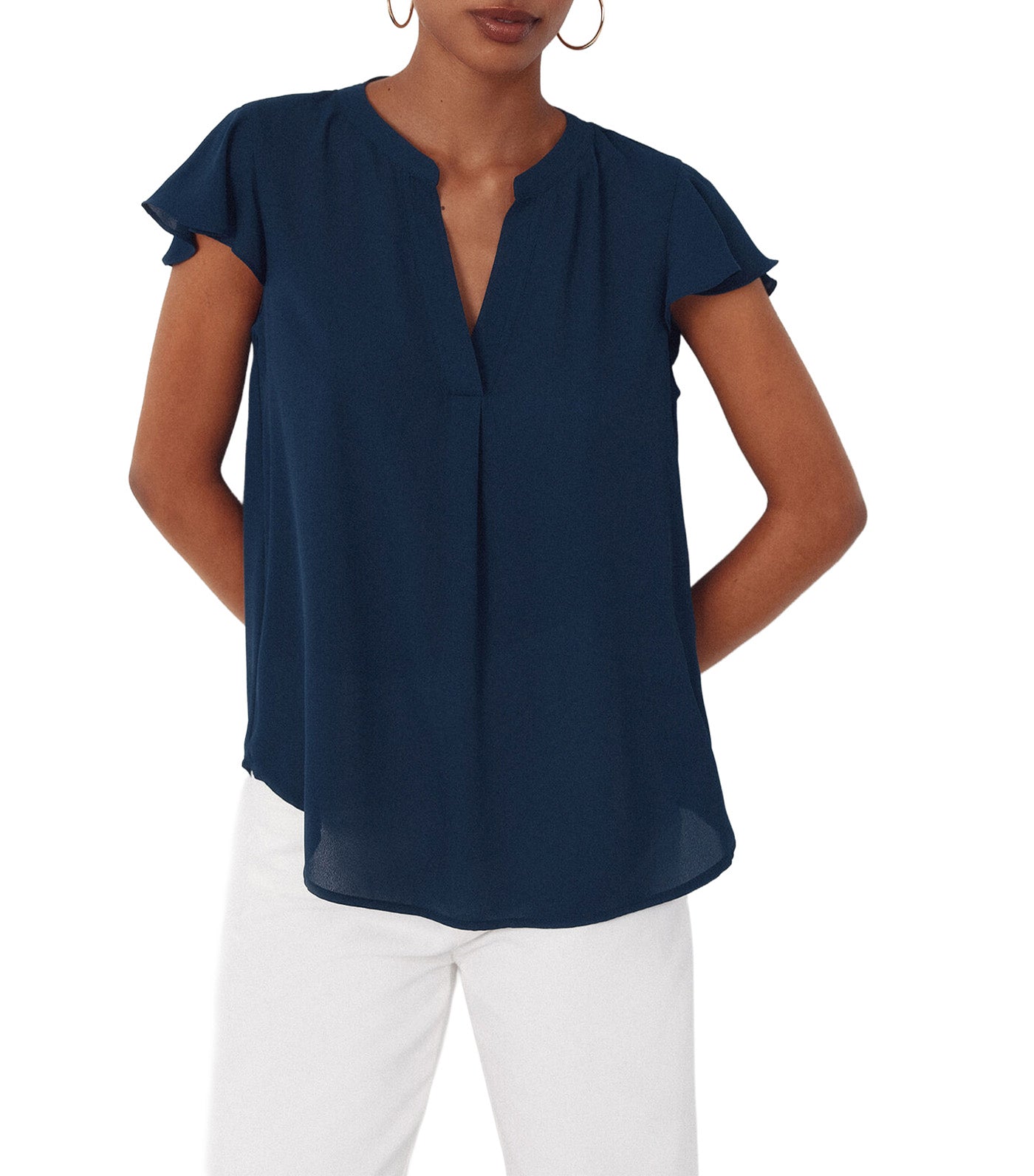 Flowy Blouse with Flared Sleeves Navy