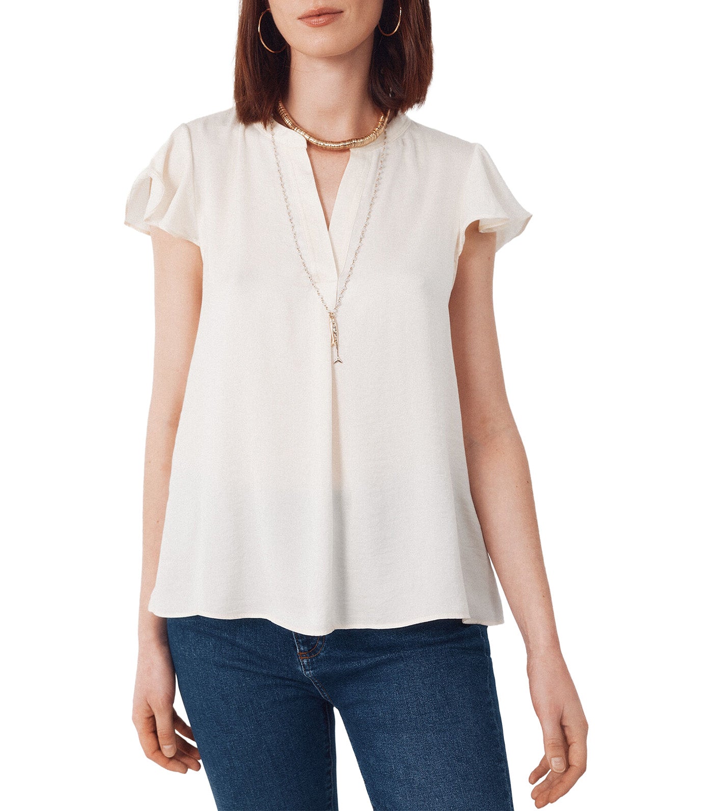 Fluid Flutter Sleeve Blouse Beige