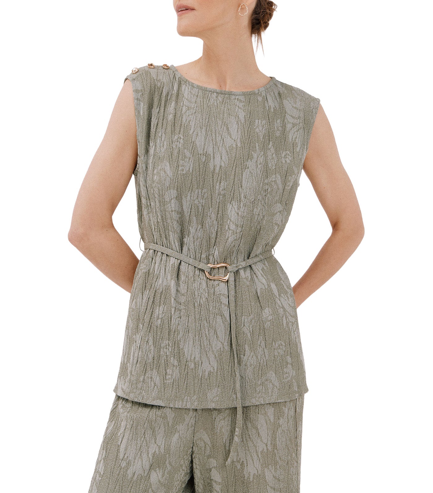 Cortefiel Jacquard Buckle Top Dark Khaki