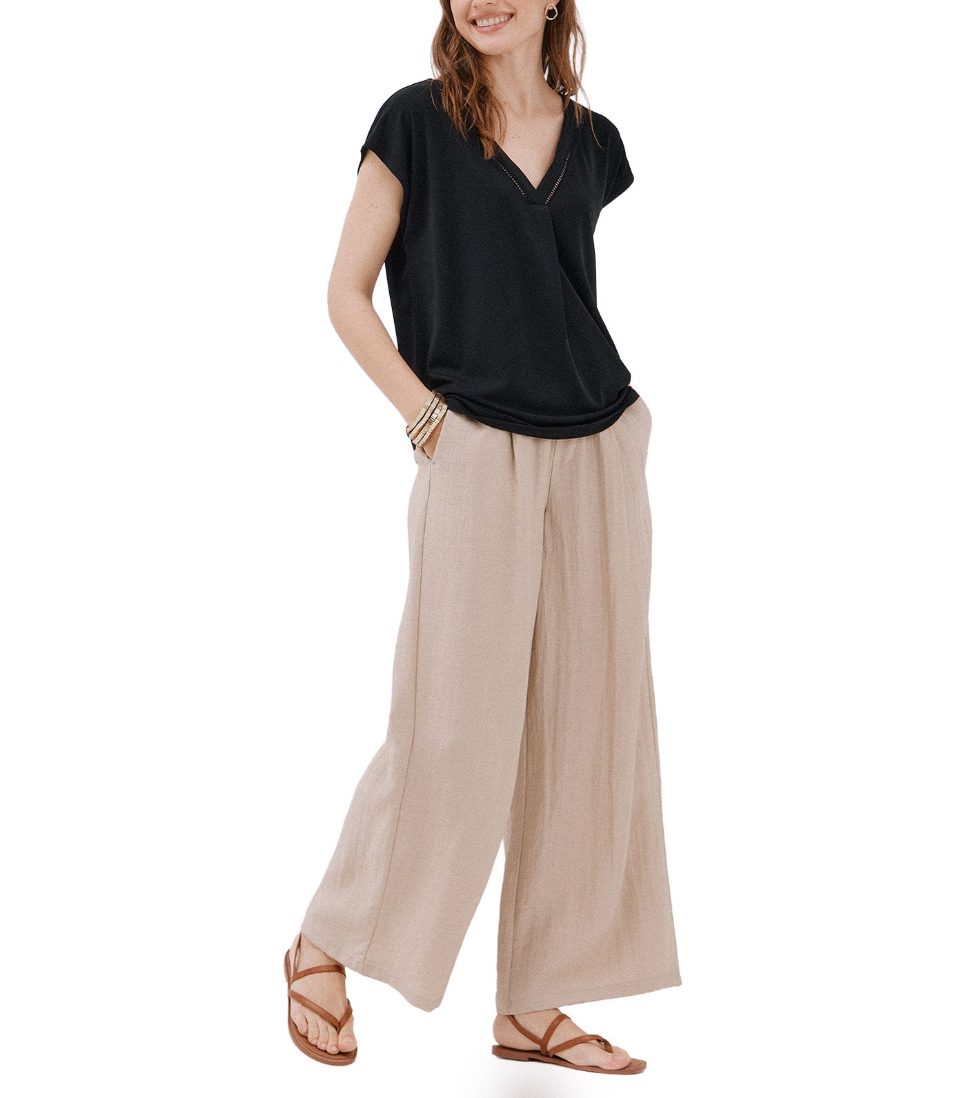 Cortefiel V-Neck T-Shirt with Lace Detail Black