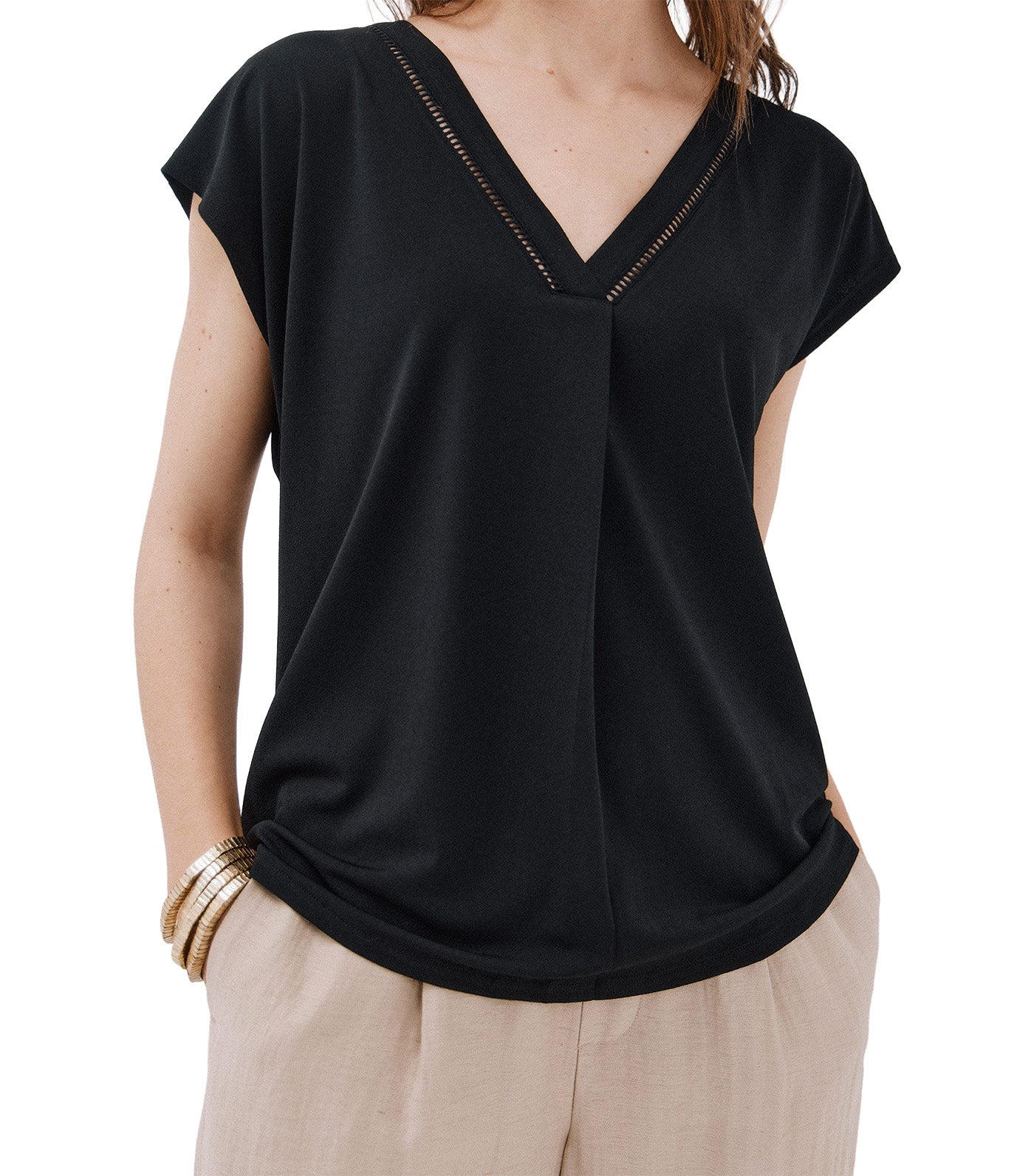 Cortefiel V-Neck T-Shirt with Lace Detail Black