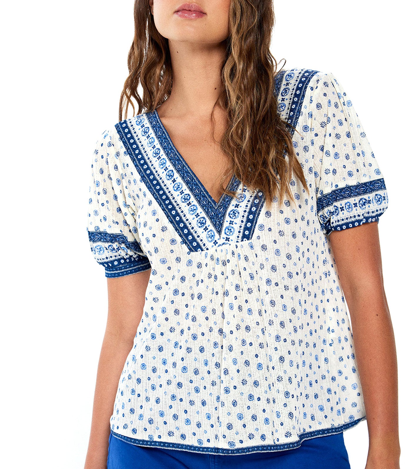 Blouse with Blue Border Neckline