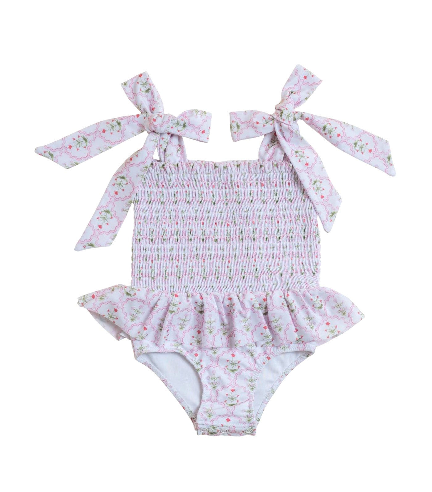 Sophia Tie-Strap Smocked Swimsuit Pink Wildflower