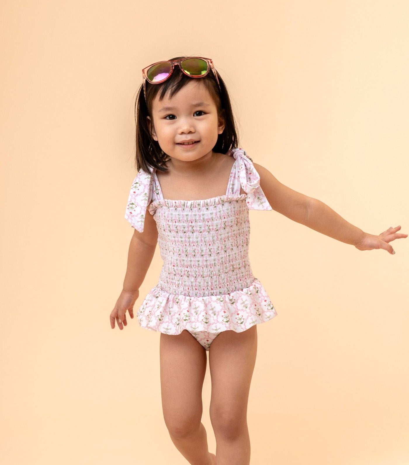 Sophia Tie-Strap Smocked Swimsuit Pink Wildflower