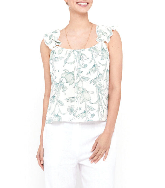 Ruffle Knitted Top White Print