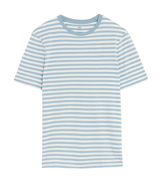 Pure Cotton Striped T-Shirt Light Blue
