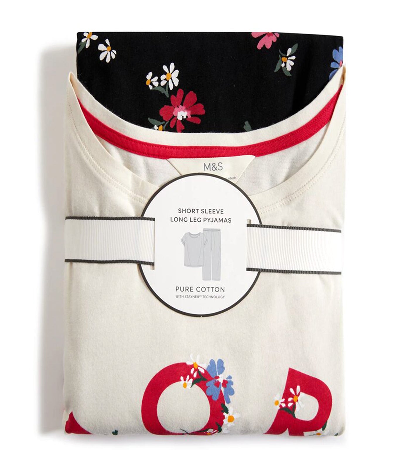 Pure Cotton Floral Print Pajama Set Black/Ivory