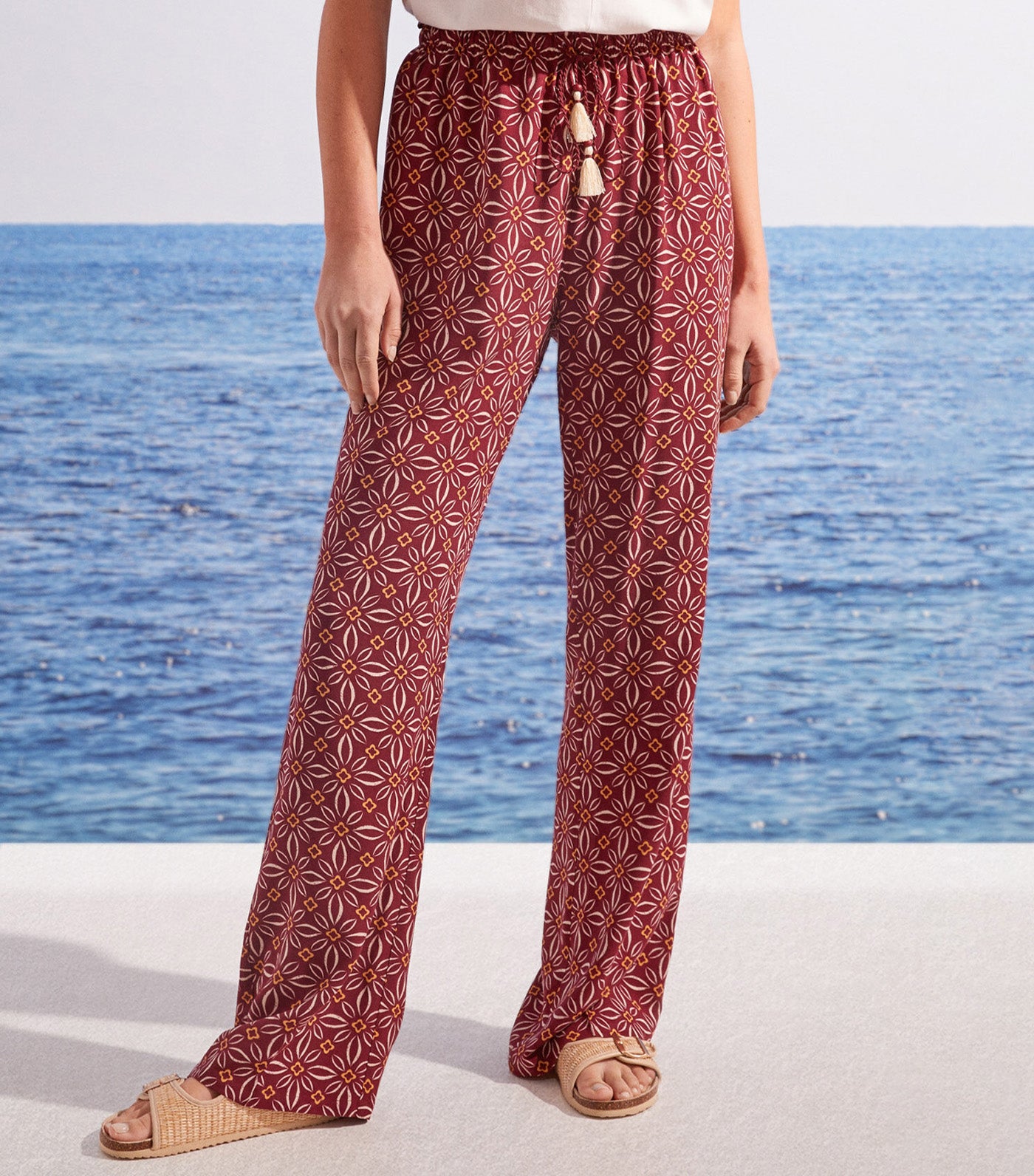 Long Floral Print Trousers Maroon