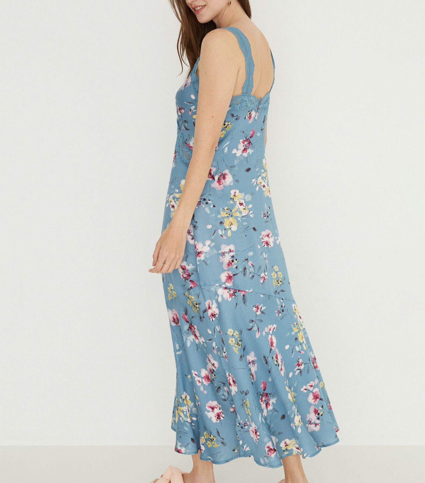Long Floral Satin Nightgown Blue