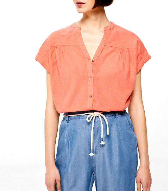 Mandarin Collar Short Sleeve Shirt Orange