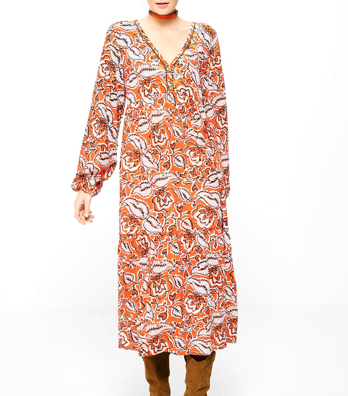 Springfield Midi Dress with Embroidered Neckline Orange | Rustan's