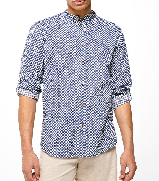 Textured Shirt With Mandarin Collar Blue