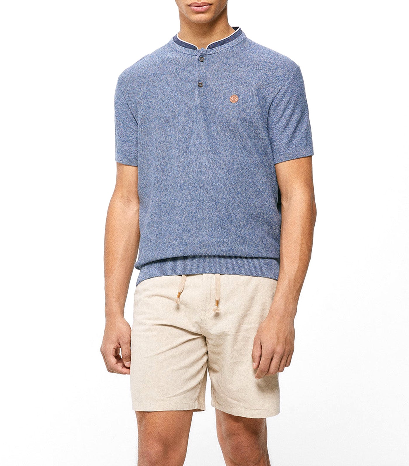 Jersey-Knit Mandarin Collar Polo Shirt Blue