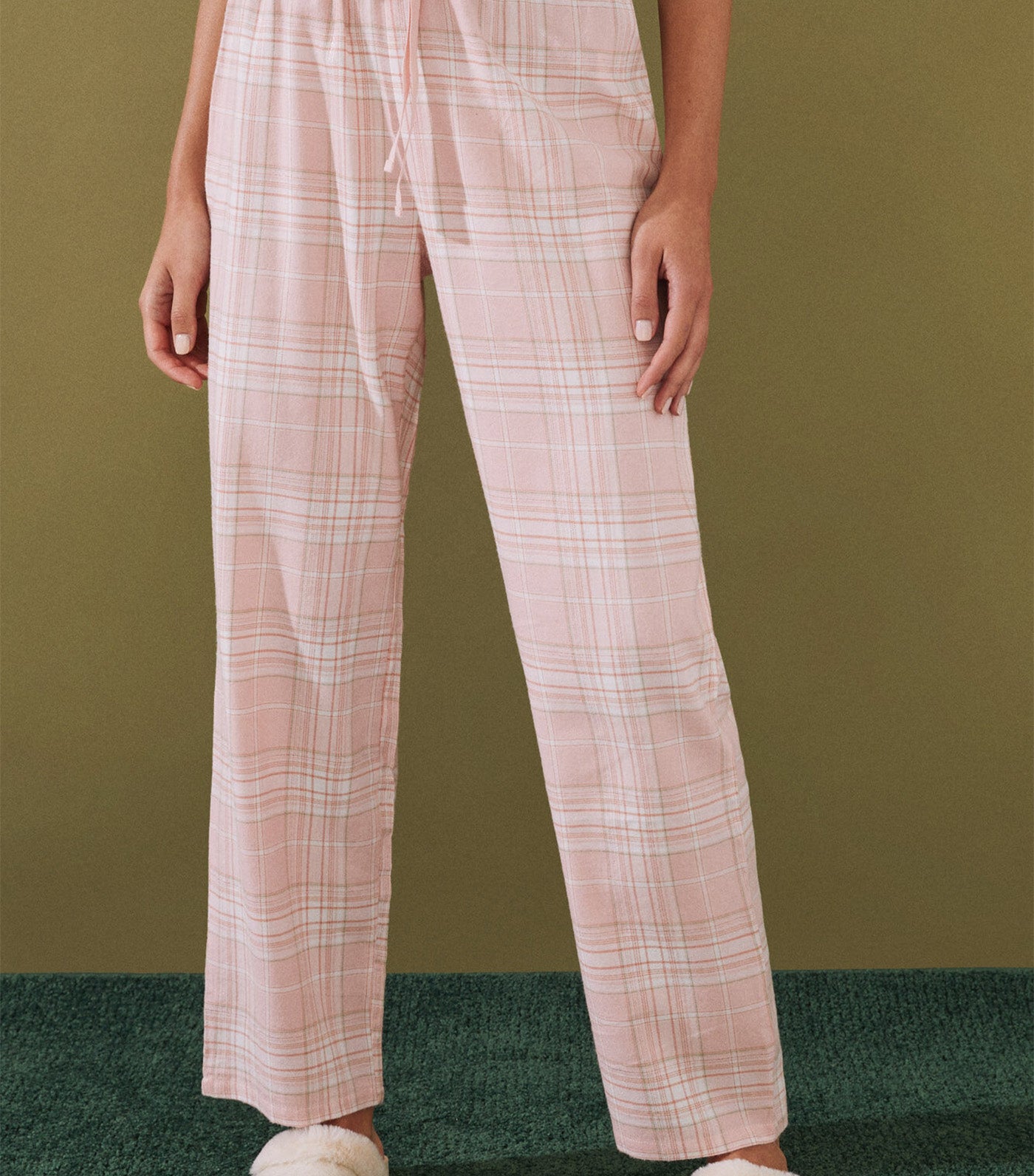 Long Checked Cotton Flannel Pajama Bottoms Pink