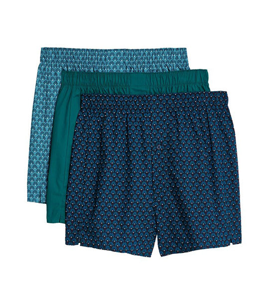 3 Pack Pure Cotton Fan Print Woven Boxers Medium Turquoise