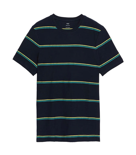 Pure Cotton Textured Striped T-Shirt Dark Navy