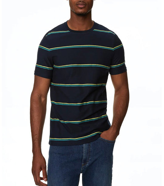 Pure Cotton Textured Striped T-Shirt Dark Navy
