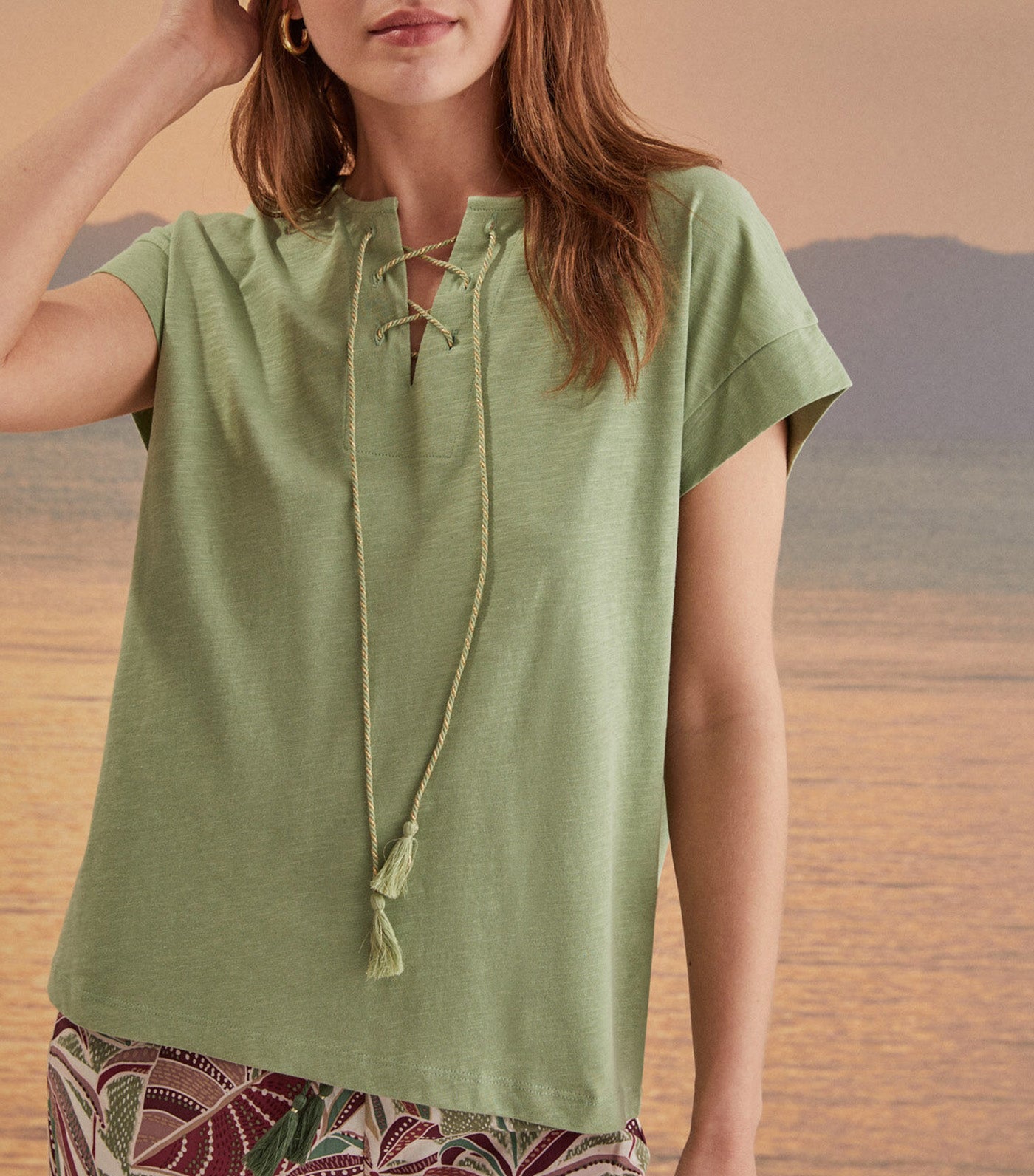 Cotton Lace-Up Neckline Top Green