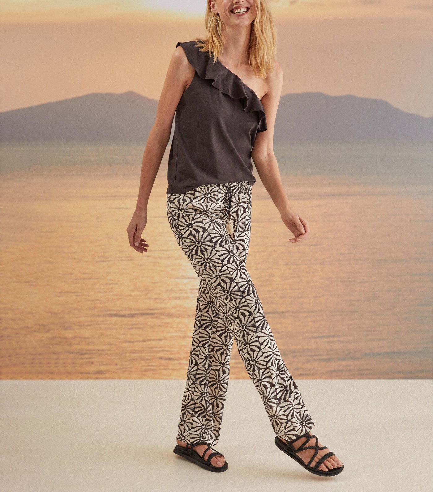 Long Geometric Print Trousers Charcoal Gray and Ivory
