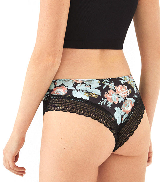 Printed Lace and Microfiber Wide Side Brazilian Panty Black