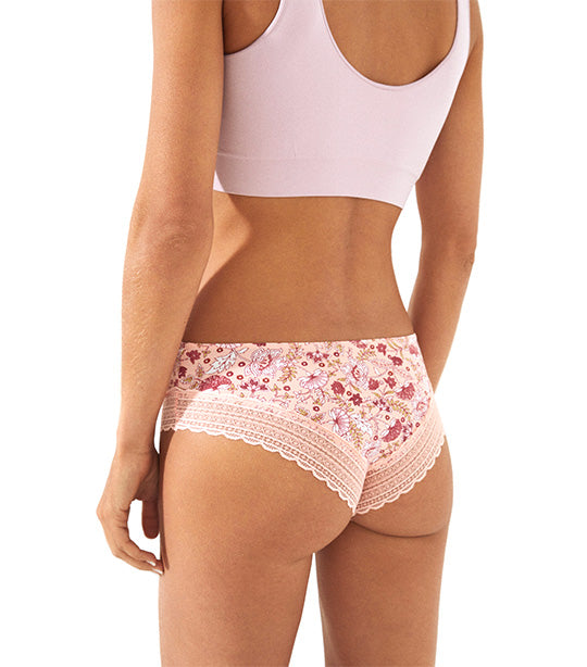 Printed Lace and Microfiber Wide Side Brazilian Panty Pink