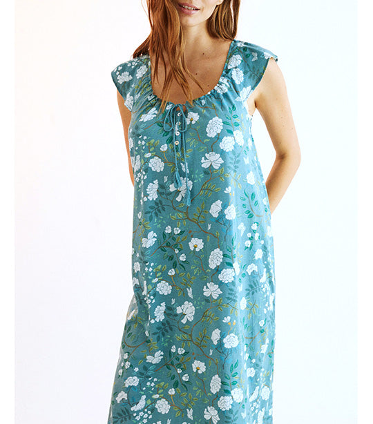 Printed Ruffle Nightgown Turquoise