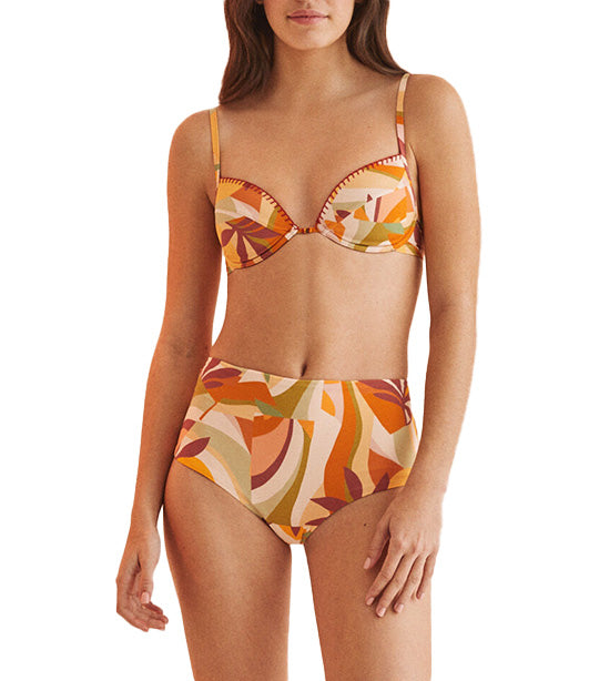 Tropical Print Bikini Top with Fixed Cups Orange