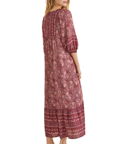 Long Dress with Indian-Inspired Print Maroon
