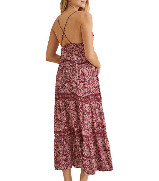 Long Strappy Dress with Indian-Inspired Print Maroon