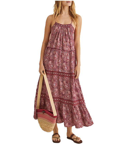 Long Strappy Dress with Indian-Inspired Print Maroon