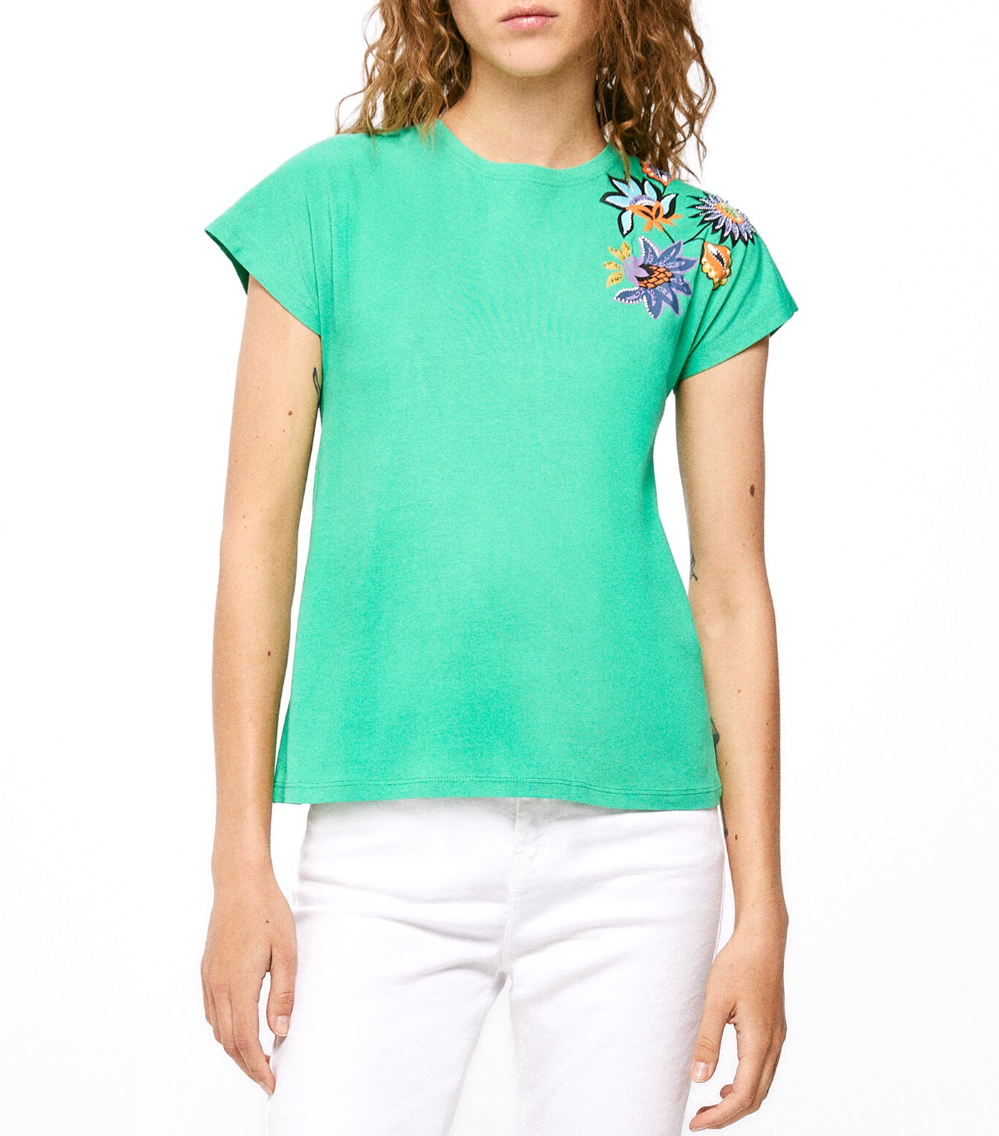 Floral Shoulder T-Shirt Green